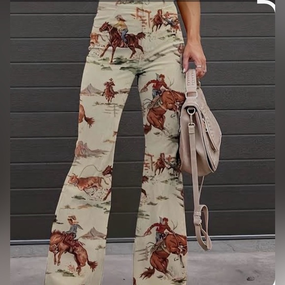 Pants - High waisted cowboy western horse ranch equestrian flared statement leggings 2XL